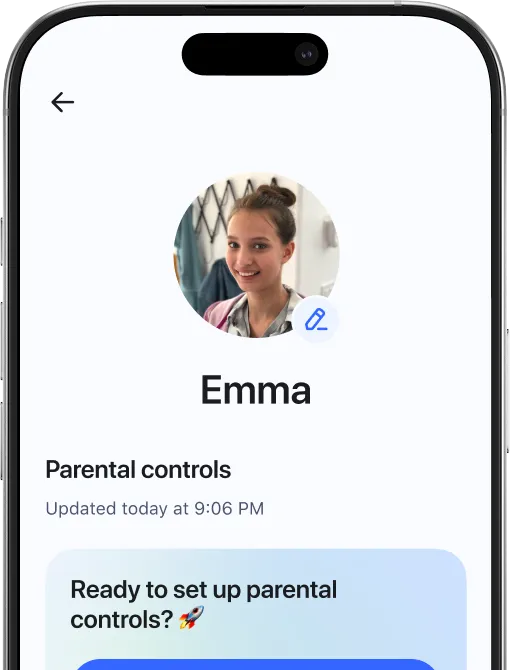 Aura Parental Controls UI: “Emma” with “Parental Controls, updated today at 9:06 PM.” “Ready to set up parental controls?”

